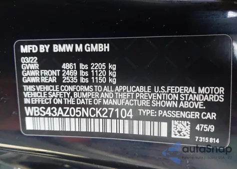 2022 BMW M4 Competition xDrive z USA, uszkodzony, nr VIN WBS43AZ05NCK27104